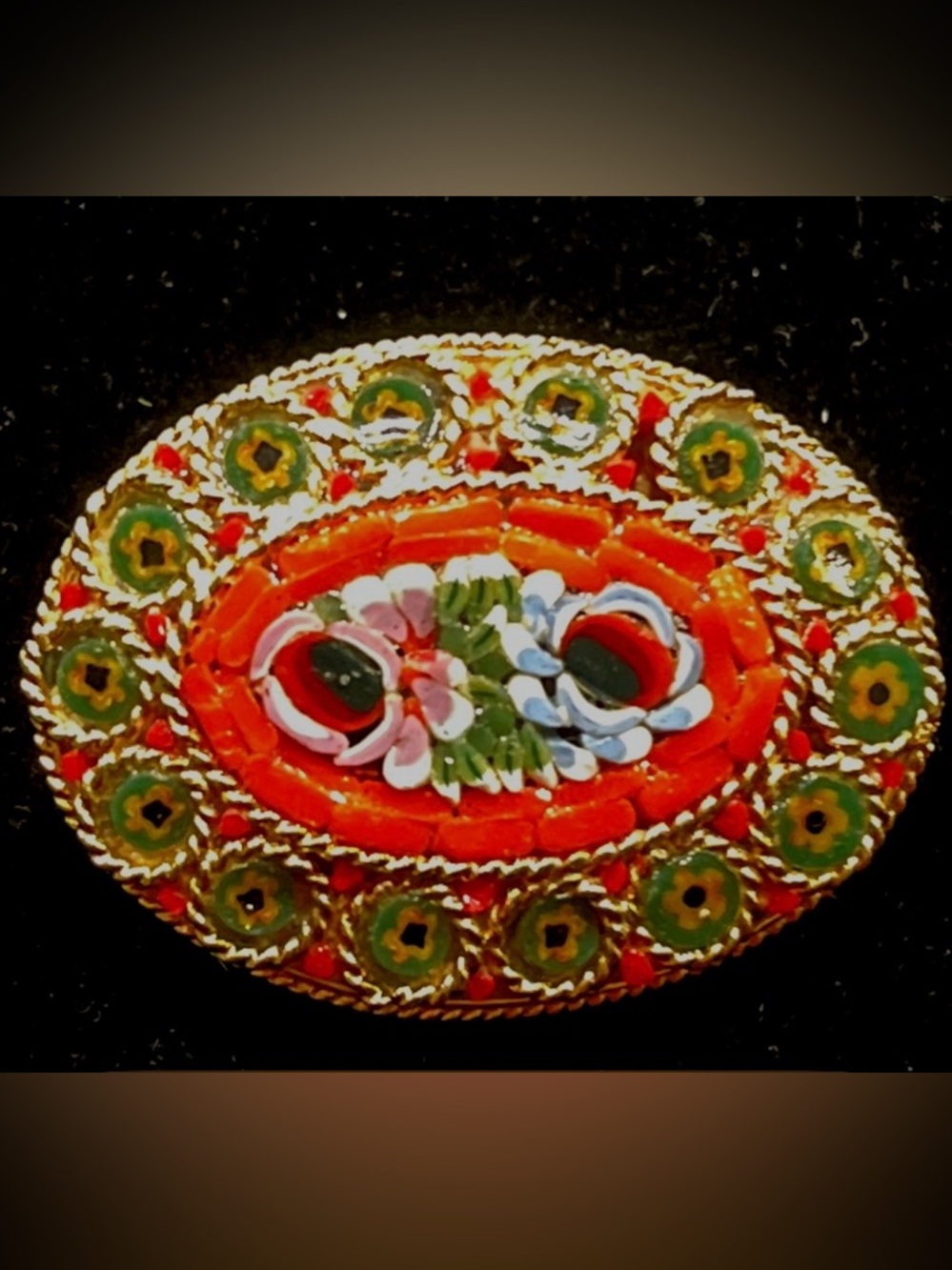 Vintage Italian Mosaic Floral Oval Brooch — Orange, Red, Green, Gold